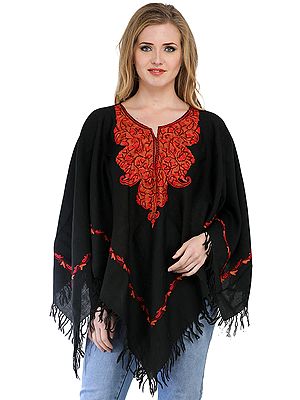 Caviar Black Poncho with Aari Embroidery by Hand on Neck and Border