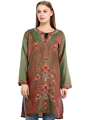 Shady-Glade Long Kurti from Kashmir with Aari Embroidered Flowers By Hand
