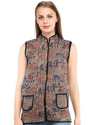 Cobblestone and True-Blue Reversible Jacket from Pilkhuwa with Printed Elephants and Deers