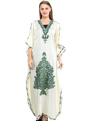 Oyester-White Kaftan from Kashmir with Aari Hand-Embroidered Flowers and Paiselys