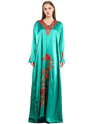 Emerald-Green Long Gown from Kashmir with Aari Embroidered Flowers
