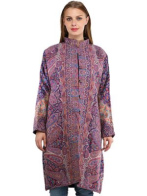 Wood-Violet Kani Jamawar Long Jacket from Amritsar with Woven Paisleys and Florals