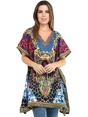 Short Kaftan with Printed Florals All-Over and Dori at Waist