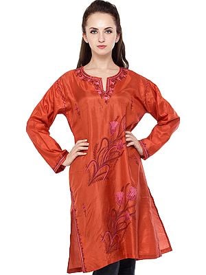 Red-Clay Long Kurti from Kashmir with Aari Embroidered Flowers By Hand