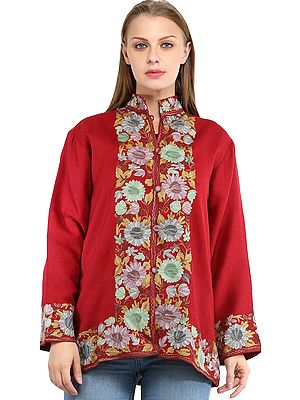 Earth-Red Jacket from Kashmir with Aari Embroidered Flowers