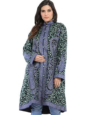 Phantom-Black Long Kashmiri Jacket with Aari Hand-Embroidered Paisleys and Florals