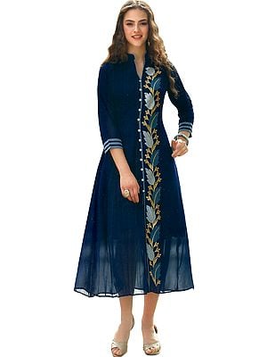 Mood-Indigo Long Kurti with Aari-Embroidered Florals and Silver Buttons