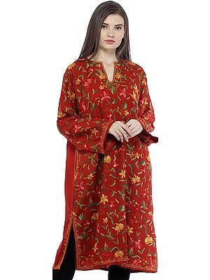 Mineral-Red Kashmiri Phiran with Aari Floral-Embroidery by Hand
