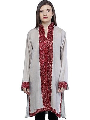 Wood-Ash Long Jacket from Kashmir with Aari Embroidered Paisleys on Border