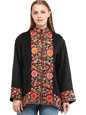 Caviar-Black Jacket from Kashmir with Aari Embroidered Flowers