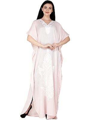 Melted-Rose Kaftan from Kashmir with Aari Embroidered White Flowers and Paisleys