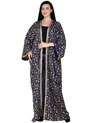 Twilight-Blue Long Kashmiri Robe with Aari Hand-Embroidered Florals All-Over