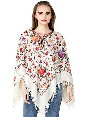 Poncho from Kashmir with Aari Hand-Embroidered Flowers All-Over