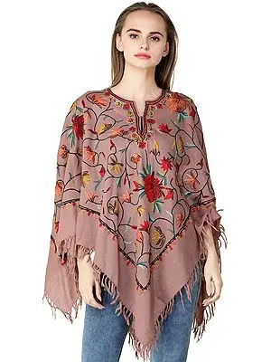 Poncho from Kashmir with Aari Hand-Embroidered Flowers All-Over