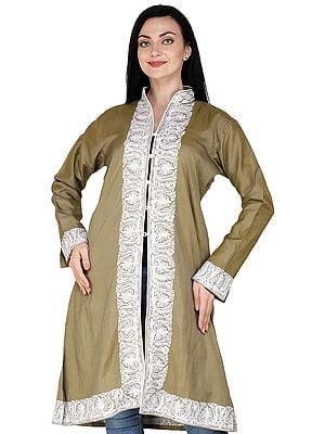 Dried-Herb Long Kashmiri Jacket with Aari Embroidered Florals on Neck and Border
