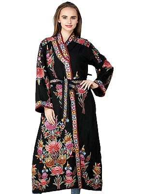 Licorine-Black Kashmiri Robe with Aari Embroidered Florals and Motifs by Hand