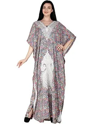 Multicolor Long Printed Kaftan with Zari Embroidered Florals and Paisleys