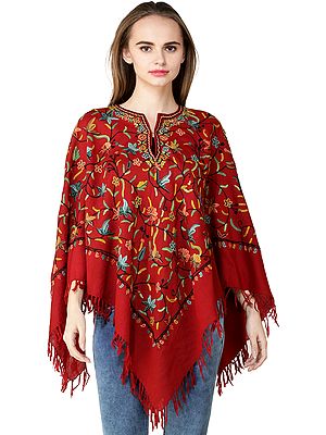 Mineral-Red Poncho from Kashmir with Aari Hand-Embroidered Flower Vines