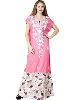 Gown from Kashmir with Aari Embroidered White Flowers  on Neck and Printed Patch Border