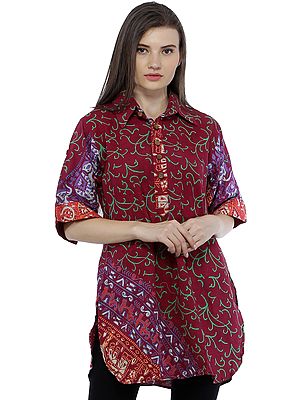 Sangria Summer Tunic Shirt with Block Printed Motifs All-Over