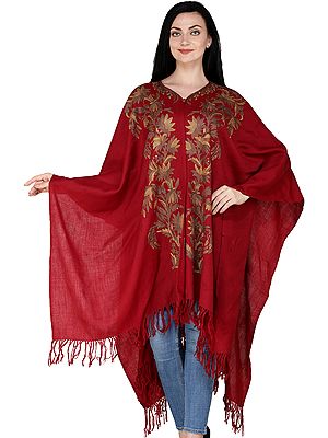 Earth-Red Cape from Kashmir with Aari Embroidered Brown Flowers by Hand