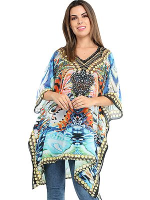 Multicolor Floral Printed Short Kaftan with Crystals and Dori at Waist