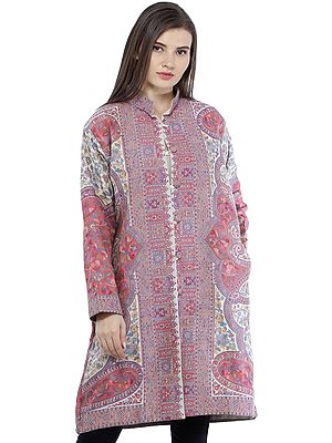 Oyester-White Kani Jamawar Long Jacket from Amritsar with Woven Paisleys and Florals