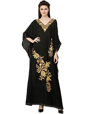 Crushed Kashmiri Kaftan with Aari Embroidered Multicolored Flowers