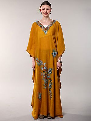 Crushed Kashmiri Kaftan with Aari Embroidered Multicolored Flowers
