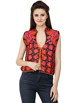 Caviar-Black Phulkari Embroidered Short Waistcoat from Punjab with Floral Embroidery