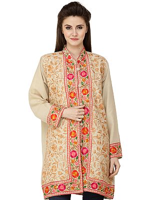 Wood-Ash Long Kashmiri Jacket with Aari Hand-Embroidered Florals All-Over