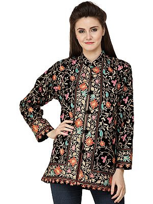 Phantom-Black Jacket from Amritsar with Aari-Embroidered Flowers in Multicolor Thread