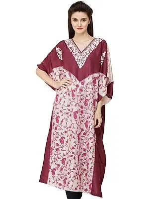 Hawthorn-Rose Double-Shaded Short Kaftan from Kashmir with Aari Embroidery