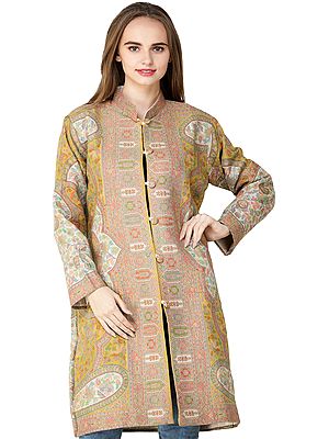 Nugget-Gold Kani Jamawar Long Jacket from Amritsar with Woven Paisleys