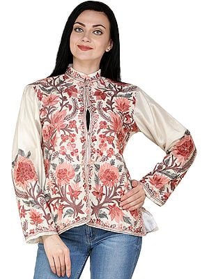Sand-Dollar Jacket from Kashmir with Aari Embroidered Siena Flowers