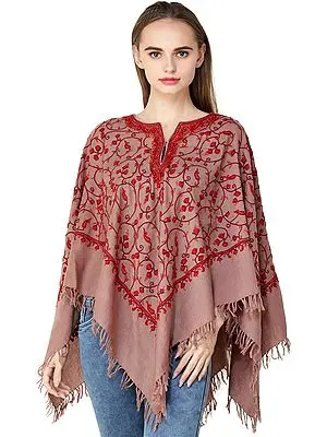 Kashmiri Poncho with Hand-Embroidered Flowers and Paisleys
