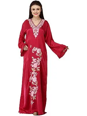 Mauve-Rose Long Gown from Kashmir with Aari Embroidered Flowers