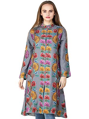 Cloudburst Long Kashmiri Jacket with Hand-Embroidered Multicolor Flowers