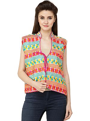 Afterglow Phulkari Short Waistcoat from Punjab with Multicolor Floral Embroidery