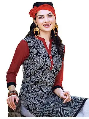 Caviar-Black and Red Printed Long Kurti with Florals All-Over