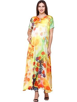Butter-Cup Digital-Printed Long Gown from Kashmir with Multicolor Flowers