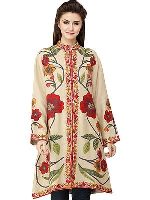 Pearled-Ivory Long Jacket from Kashmir with Hand-Embroidered Giant Flowers