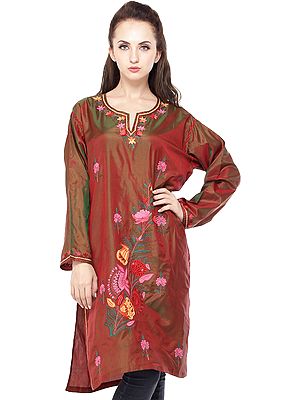Mocha-Bisque Kashmiri Kurti with Embroidered Flowers in Multicolor Thread