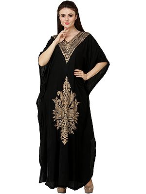 Cashmere Kaftan from Srinagar with Aari-Embroidered Flowers and Paisleys