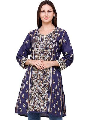 Medieval Blue Lukhnavi Chikan Kurti with Embroidered Flowers and Paisleys
