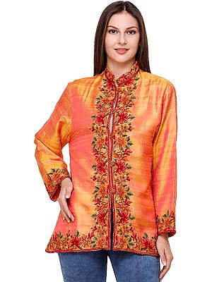 Arabesque Short Jacket from Kashmir with Hand-Embroidered Flowers