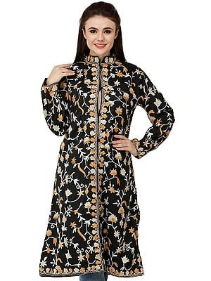 Caviar-Black Long Jacket from Amritsar with Aari Embroidered Flowers all over