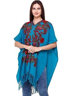 Algiers Blue Cape from Kashmir with Aari Hand-Embroidered Flowers