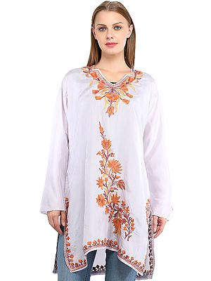 Orchid Tint Kashmiri Kurti with Embroidered Flowers