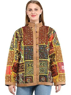 Aurora Leather Jacket from Kutch with Hand-Embroidered Multicolor Patchwork and Mirrors
